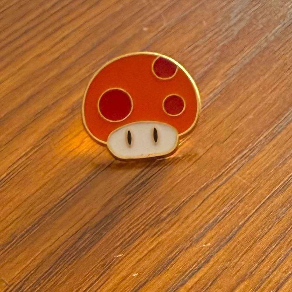 Women’s Jewelry Cute Orange Mushroom Enamel Pin-Red, Gold, White, &Black Accents
